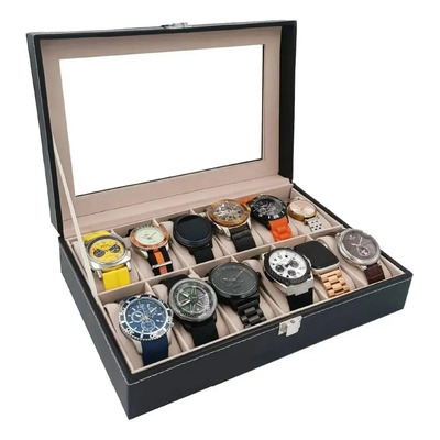 Estuche Alhajero Relojes Hombre 12 Espacios Caja Organizadora Exhibidor Almohadillas Negro, Beige