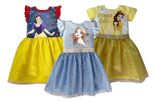 Kit 3 Vestidos Disney Blanca Nieves, Cenicienta, Bella