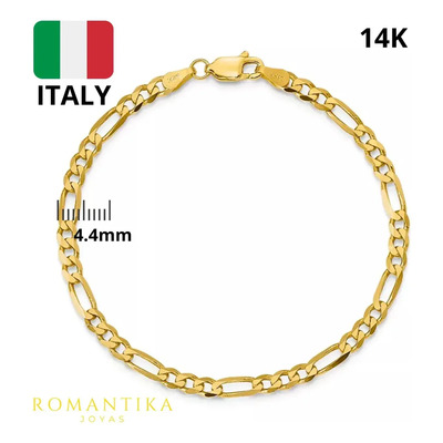 Pulsera Pulso Esclava Figaro Oro 14k Kilate 18cm 4.4mm Italy Dorado 6 Cm 18 Cm