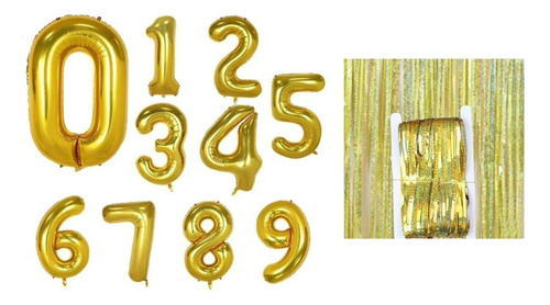 Kit Decoração Dourado - 2 Cortinas + 4 Balões Número 70cm