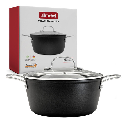 Olla Alta Antiadherente Ultrachef Recubrimiento Alemán 24cm Color Black Diamond