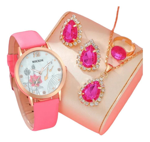 Kit Reloj Rosa Gota Para Mujer + Juego De Collar Aretes Anil