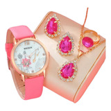 Kit Reloj Rosa Gota Para Mujer + Juego De Collar Aretes Anil