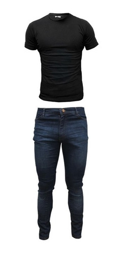 Pantalón Jean Azul Elastizado Hombre Con Remera Algodón Lisa