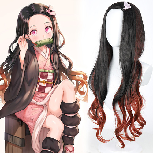 Peluca De Cosplay Kamado Nezuko Cabello Rizado Negro Naranja