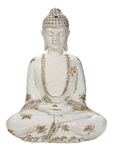 Buda Hindu Tibetano Sidarta Estátua Grande Branco C/ Dourado
