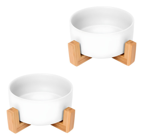 2pack Plato Para Perros Y Gatos De Cerámica Con Base Bambú Color Blanco