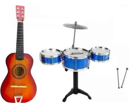 Kit Instrumento Musical Infantil Violão + Bateria 3 Tambores