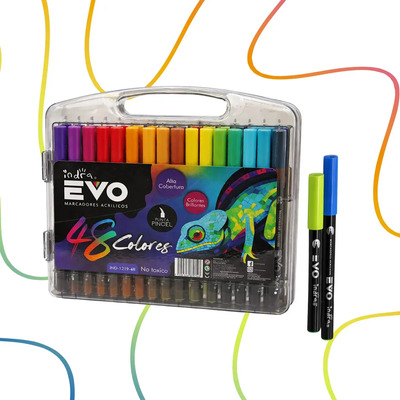 Marcadores Acrílicos Indra Evo Punta Pincel + Estuche 48 Pzs Colores Brillantes | MercadoLibre