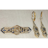 Aros Y Broche Oro 18k Zafiros Diamante Art Deco 6.26 Gramos 