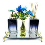 Kit Lavabo Luxo Azul Dourado Vaso Flores Bandeja Espelhada