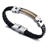 Pulseira Bracelete  Couro Legitimo E Aço 316l Banhada Ouro