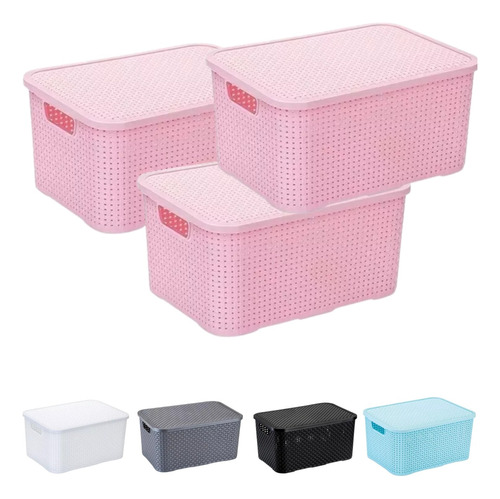 Kit C/ 03 Unid Caixa Organizadora Rattan 7l Cesto Organizador Ratan -  Branco Preto Cinza Azul Rosa