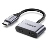 Ugreen Hub Adaptador Usb-c 2 Em 1 Áudio Suporta Pd 3.0 Cinza