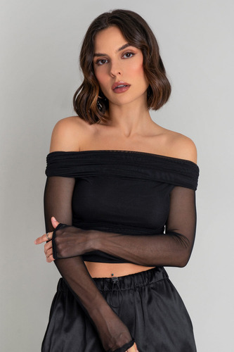 Crop Top De Mesh Hombros Descubiertos High Street