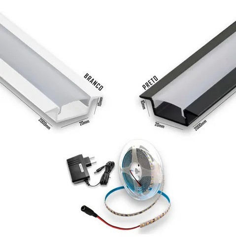 Kit Perfil Embutir Slim Preto 2metro Com Fita 240led E Fonte Cor Da Luz Branco Branco-frio