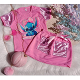 Conjunto Infantil Menina Saia Stich Detalhe Metalizado Rosa