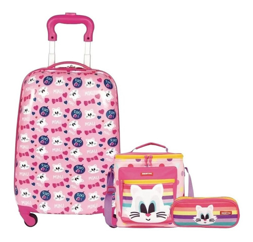 Kit Mala Malinha Escolar Infantil Menina Cat 4 Rodinhas 360°