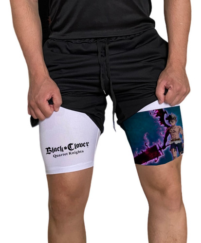 Short Dry-fit Compressão 2 Em 1 Academia Anime Black Clover