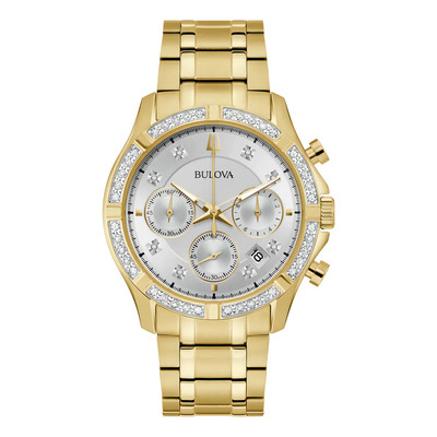 Reloj Bulova Quartz Chrono Unisex 98e113 Classic Diamantes Correa Dorado Bisel Dorado Fondo Blanco | Envío gratis