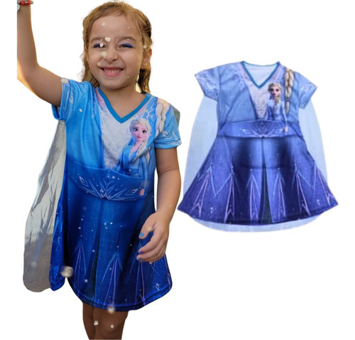 Fantasia Infantil Rainha Gelo Princesa Azul Vestido Menina