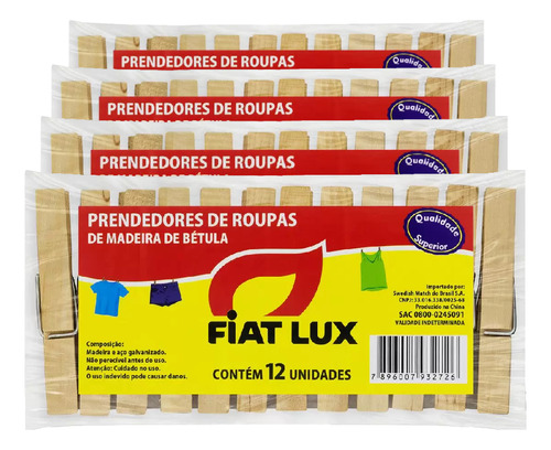 Kit 4 Prendedor De Roupa Fiat Lux Madeira Com 12un Cada