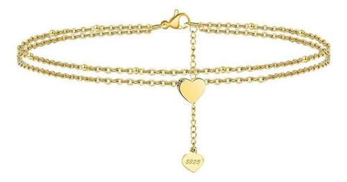 Tobillera Doble, Diseño Corazón Gold, Plata 925 Baño Oro 18k