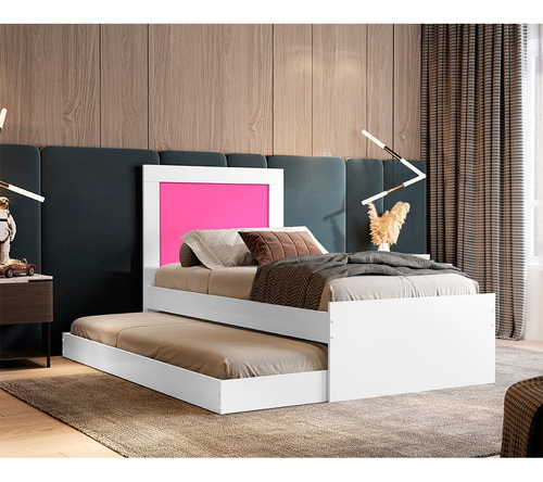 Cama Solteiro Luara 97cm Com Cama Auxiliar Cor Branco/rosa