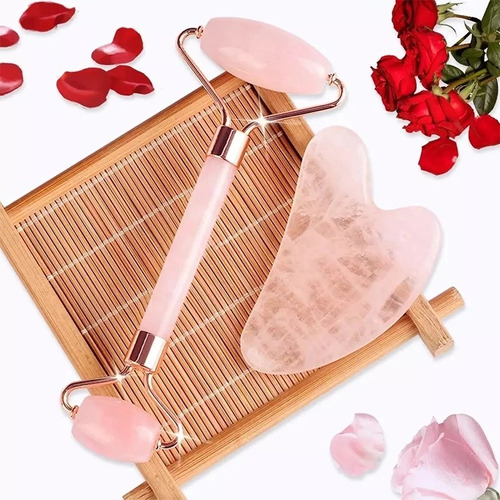 Kit Rodillo Gua Sha Cuarzo Masaje Facial Antienvejecimiento