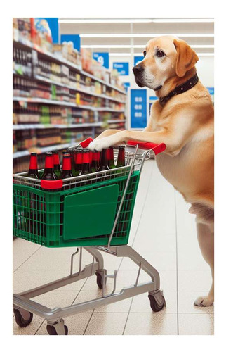 Vinilo 30x45cm Perro En Supermercado Comprando Cerveza M1