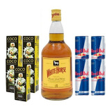 Kit Whisky Cavalo Branco 1l + 4 Red Bulls + Água De Coco