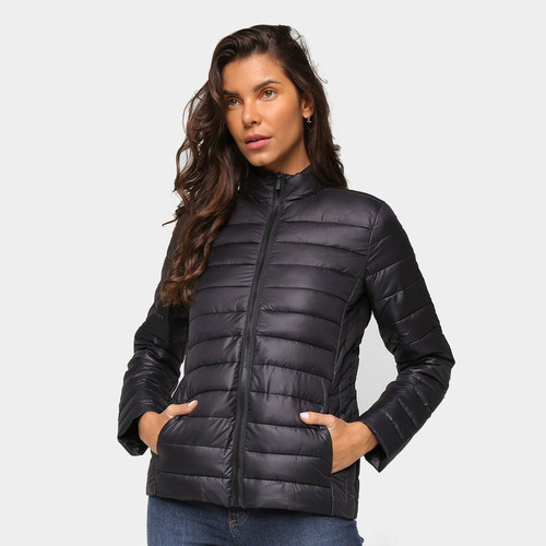 Jaqueta Puffer Feminina Nylon Capuz Removível Impermeável