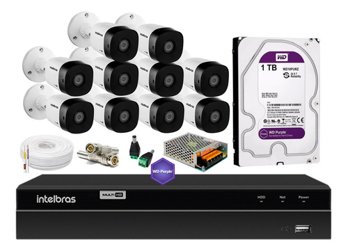 Kit 10 Cameras Intelbras 1120, Dvr 16 Canais 1216, Purple 1t