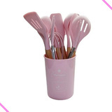 Kit 12 Peças Talheres Silicone + Balde Utensílios De Cozinha Cor Rosa