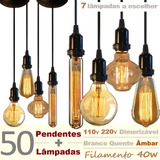50 Luminária Pendente Completa + 50 Lâmpada Retro Vintage Gd