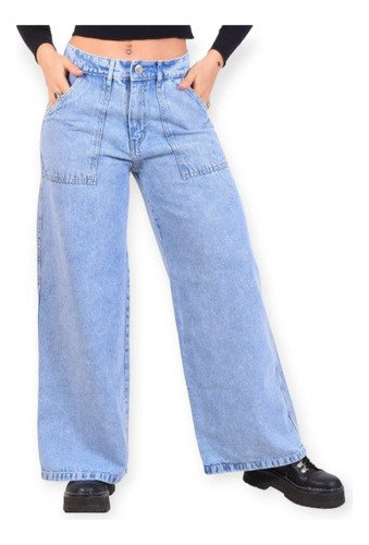 Pantalón  Jeans Wide Leg Tiro Alto Rígido Con Y Sin Roturas