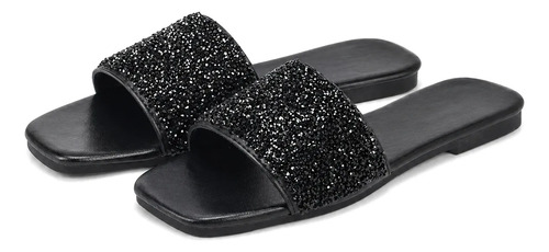 Sandalias Planas Para Mujer Con Brillos Punta Cuadrada