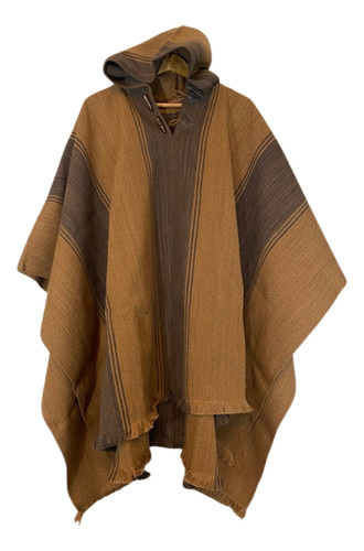 Poncho De Lana Con Alpaca Listada Con Capucha