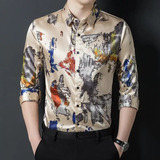 Camisas De Seda Elegantes De Satén Floral Para Hombre, Camis