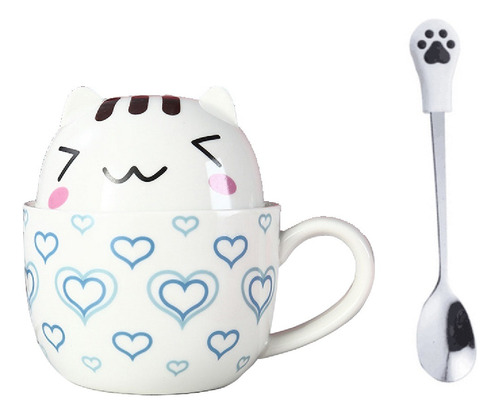 Taza Doble Y Cuchara Gato Gatito Lovely Kawaii Regalos