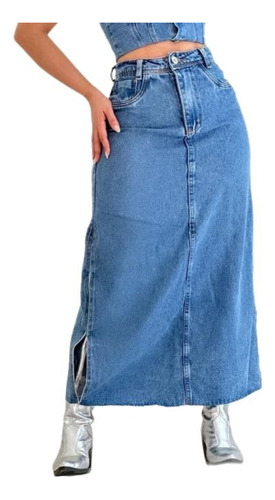 Saia Jeans Midi Com Fenda Cintura Alta Moda Blogueira