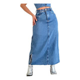 Saia Jeans Midi Com Fenda Cintura Alta Moda Blogueira