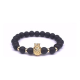 Pulsera De Hombre Mujer Leon Corona Dorado Piedra Natural