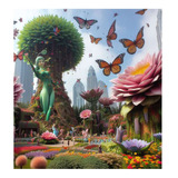 Vinilo 45x45cm Jardin De Gigantes Flor Mariposa Hada M3