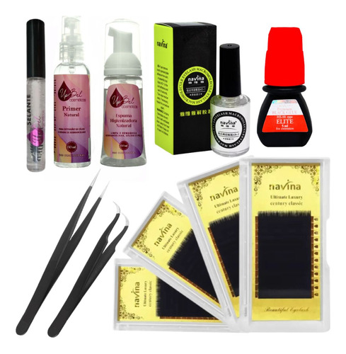 Kit Cílios Dourado Mink Removedor Elite 5ml Pinças Prof Prom