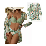 Conjunto De Blusa De Playa Para Mujer Con Kimono Y Bikini Fl