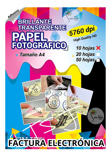 Papel Foto Adhesivo Transparente Imprimible - A4  X10 Hojas