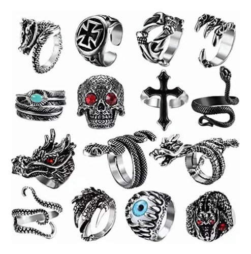 15 Set Anillos Góticos Punk Vintage Ajustables Unisexo