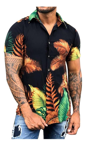 E Camisa Hombre Solapa Estampado Hawaiano Manga Corta Suelta
