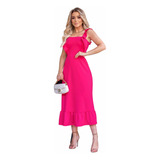 Vestido Moda Evangélica Babado Pink Roupa Social Midi Tubinh